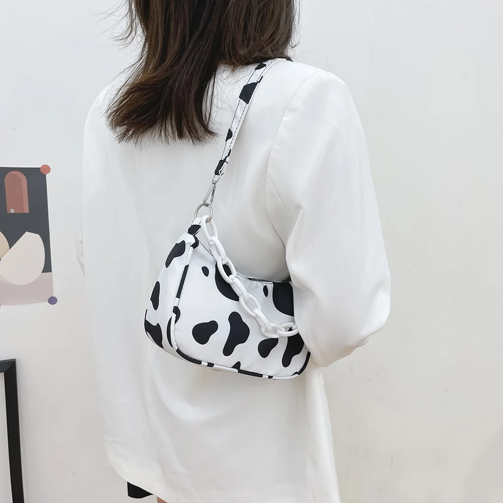 

Fashion Women Nylon Cow Pattern Printing Shoulder Underarm Tote Bag Ladies Vintage Chian Zipper Small Purse Handbags
