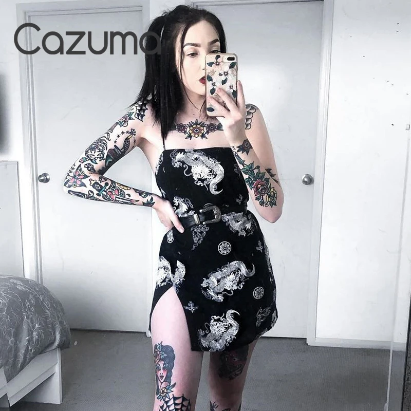 Брендовое темное мини платье Cazuma в стиле панк для девушек одежда с разрезом