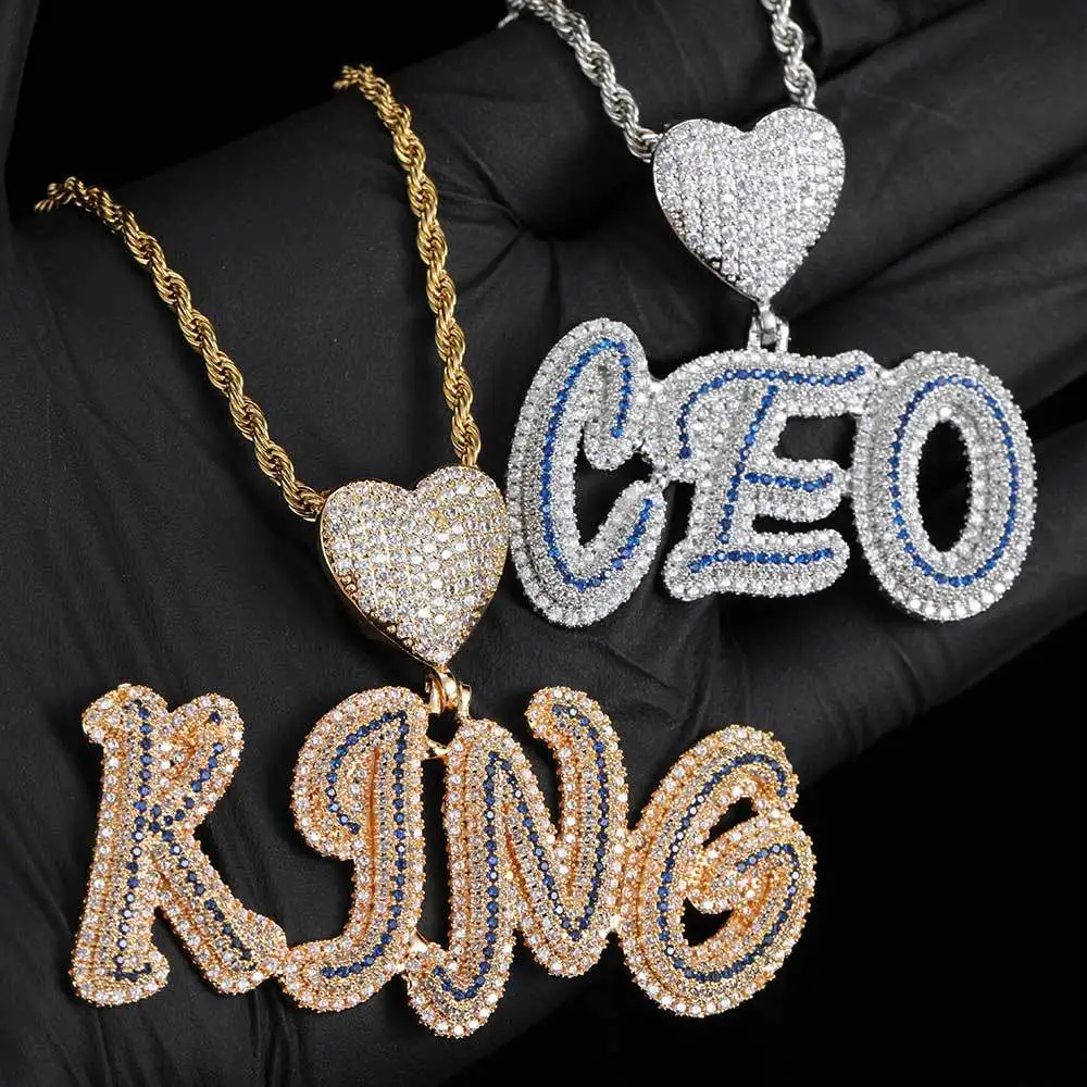 

Csutom Cursive Letter With Heart Clasp Iced Out Cuban Chain Name Necklace Chain Cubic Zirconia Fashion Hiphop Jewelry