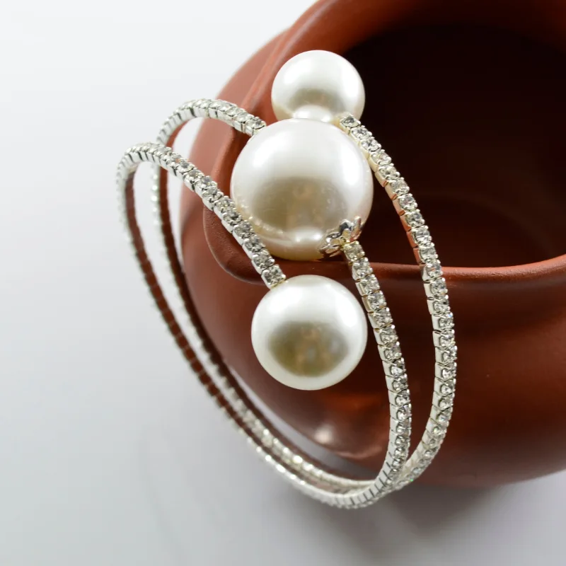 

Trendy Female White Crystal Bracelet Luxury Silver Color Open Bracelets For Women Dainty Bridal Pearl Wedding Bracelet