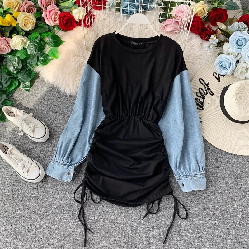 Женское джинсовое платье с длинным рукавом облегающее высокой талией Новинка