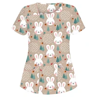 cartoon bunny print nursing scrubs tops women casual short sleeve blouse clinic pet shop staff working uniform carers tunic a50