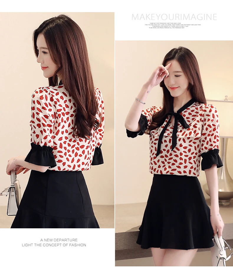 

Houthion Women's Blouses Chiffon Fashion Cloth Short Sleeve Top Printed Blouse Casual Summer Womans Tops Bow Regular