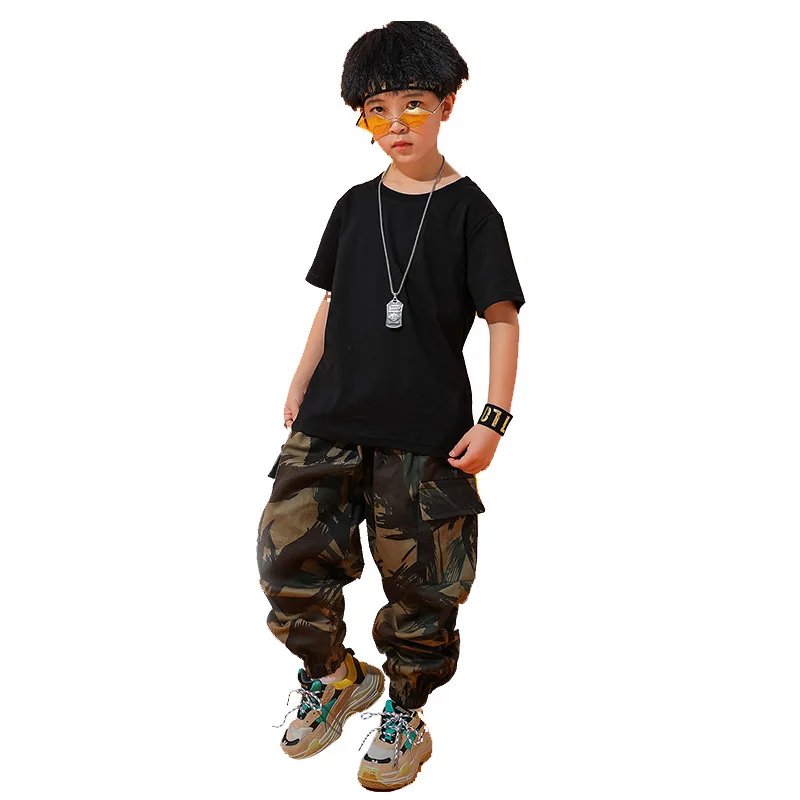 

Kid Cool Hip Hop Clothing Black Plain T Shirt Top Streetwear Camo Tactical Cargo Pants for Girls Boys Jazz Dance Costume Clothes