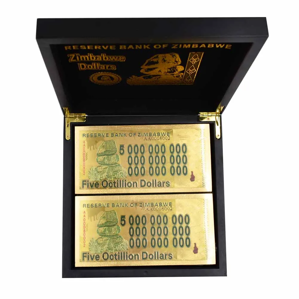 

Zimbabwe Banknotes 24K Gold Foil Replica Banknote Gold Plated Five Octillion Dollars Bill Fake Money Business Gift 100pcs/lot