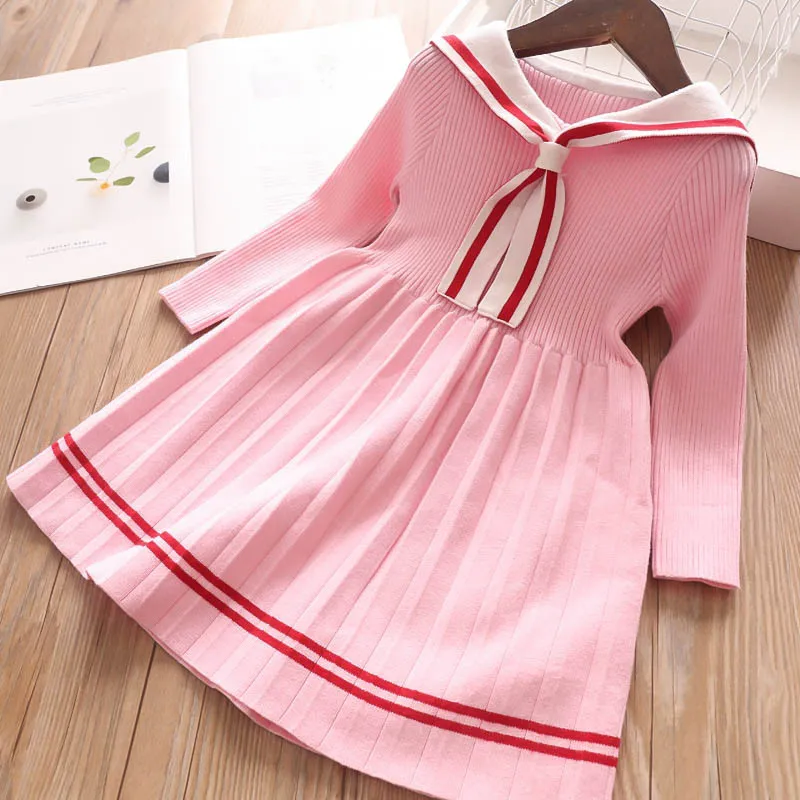 

Kids Girls Autumn Winter Knitted Dress Pleated A-Line Preppy Dress Bow Tie Princess Clothes for Children Girl