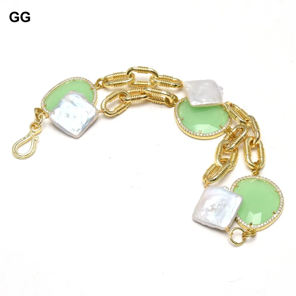 

GG Jewelry Natural White Pearl Cultured White Rectangle Keshi Pearl Cz Bezel Set Green Crystal Gold Chain Bracelet For Women