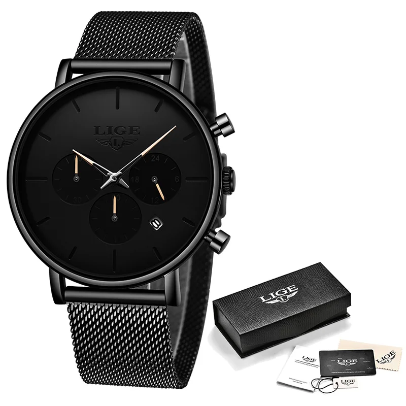 Relojes LIGE мужские часы из сетчатой стали, модные брендовые Роскошные спортивные ультра-тонкие кварцевые часы, мужские повседневные водонепроницаемые часы с датой - Цвет: Black Rose Gold