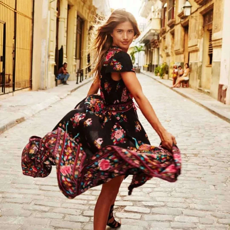 Женское длинное Макси платье 2019 летнее пляжное с цветочным принтом в стиле бохо