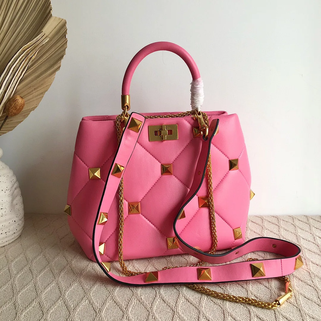 Top quality ladies messenger bag double flap handbag 5 colors rivets genuine leather Handbag  100% genuine leather