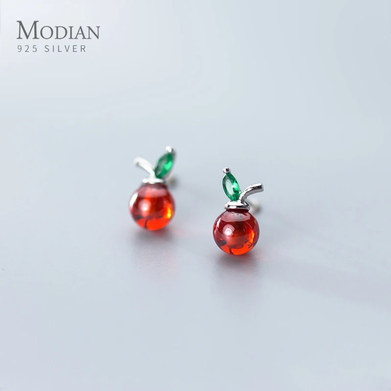 

MODIAN Green Crystal Leaves Garnet Apple Stud Earring for Women Gift 925 Sterling Silver Fruit Ear Studs Earring Fine Jewelry