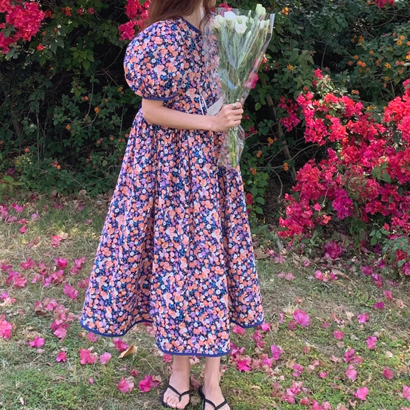 

Han chic sweet age reduction round neck hollow lace loose floral bubble sleeve dress for women