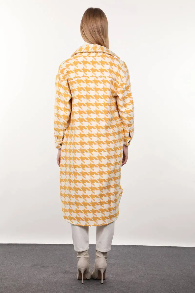 

Yellow Houndstooth Patterned Long Womens Jacket