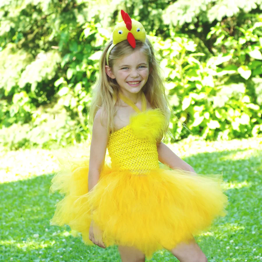 Cute Girls Yellow Chicken Feather Tutu Dress Kids Crochet Corset Ballet with Hairbow Children Party Costume Cosplay | Детская одежда и