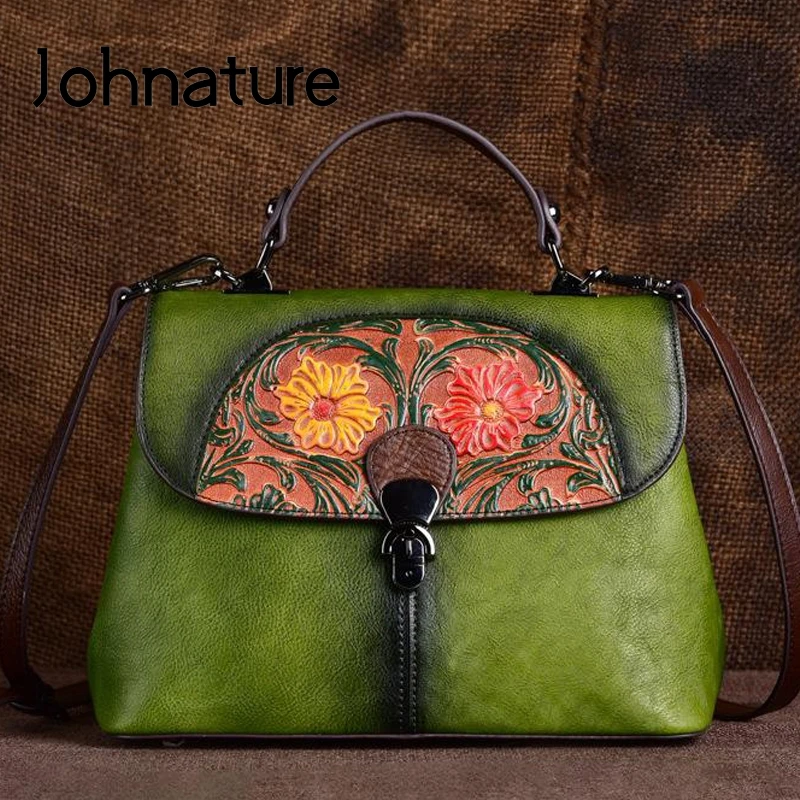 Женская сумка ручной работы Johnature из натуральной воловьей кожи с тиснением