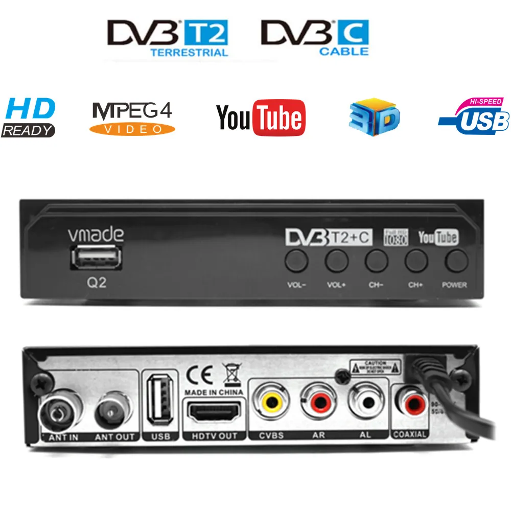 DVB-T2 DVB-C 2 в 1 HD ТВ-тюнер Полностью 1080P цифровой приемник WIFI Бесплатная ТВ-приставка
