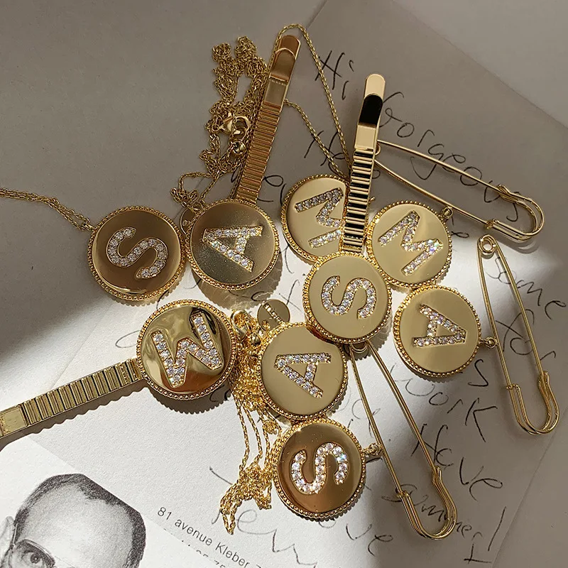 2019 модная Хрустальная буква круглая монета ожерелье брошь заколка бижутерия