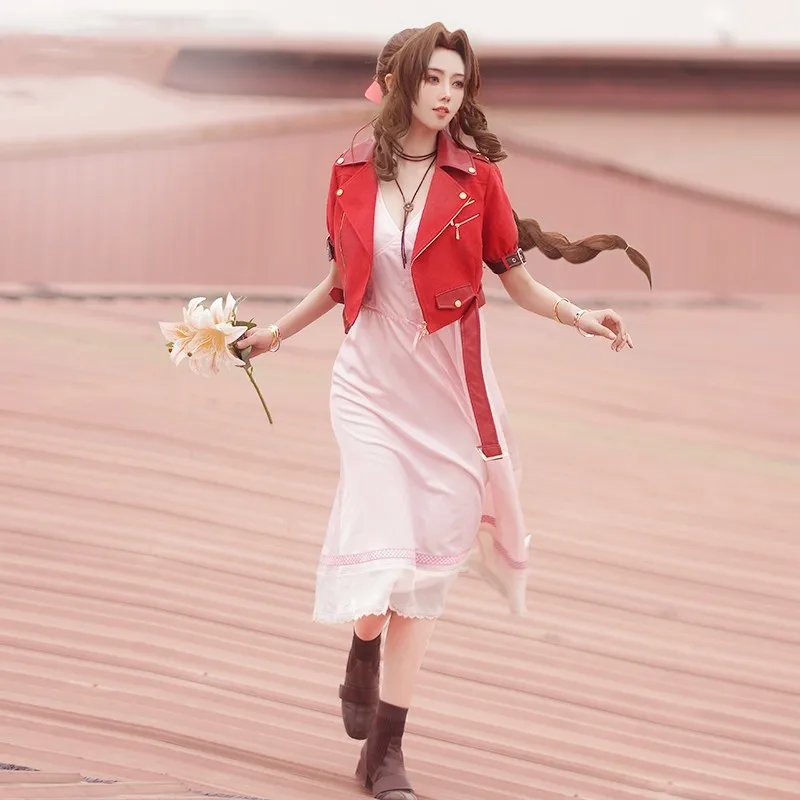 Final Fantasy VII Aerith Gainsborough Cosplay Costume Girls Adult Women Dress Game Jacket Outfit Halloween Carnival