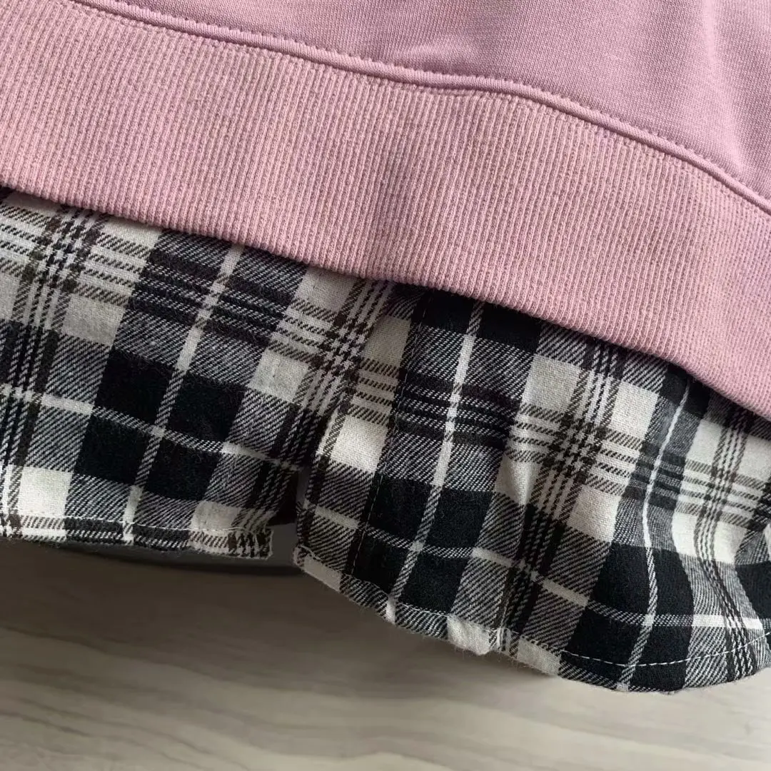 

2021 Spring Autumn New Terry Cotton Casual Long Sleeve Women Hoodie Embroidered Letters Loose Plaid Fake Two-piece Sweatshirt