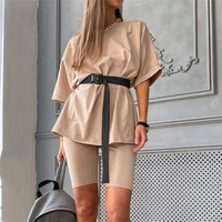 casual solid outfits womens two piece suit with belt home loose sports tracksuits fashion leisure bicycle suit summer