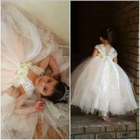 ivory champagne lace girl dress with white chiffon rhinestone flower and lace sleeve straps ankle length wedding baby girl dress