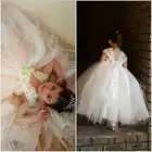 Кружевное платье цвета шампанского для девочек с белыми шифоновыми цветами Стразы и кружевными рукавами на бретельках длиной до щиколотки свадебное платье для маленьких девочек