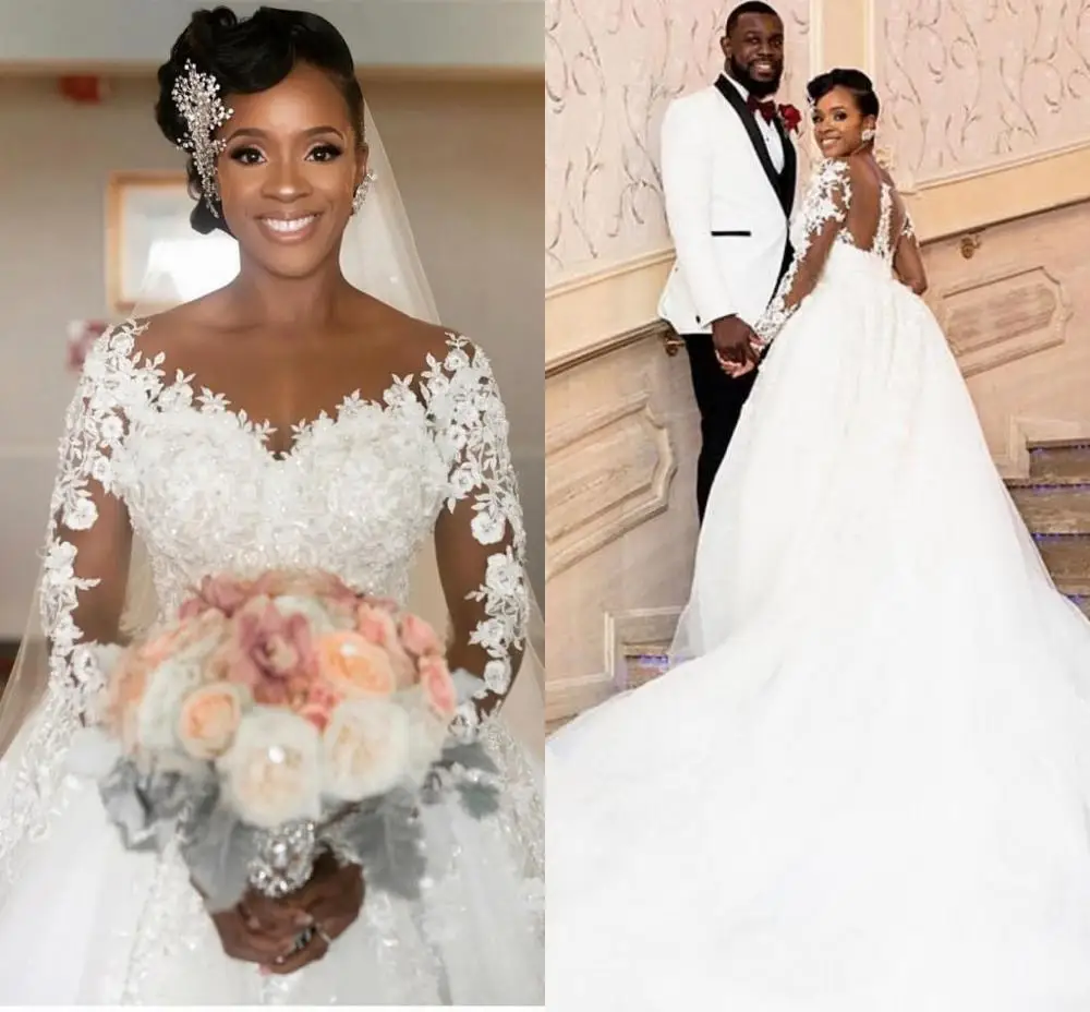 

2021 Arabic Vintage Lace Appliques Wedding Dresses Sheer Neck See Though Long Sleeves Wedding Bridal Gowns Cheap High Quality