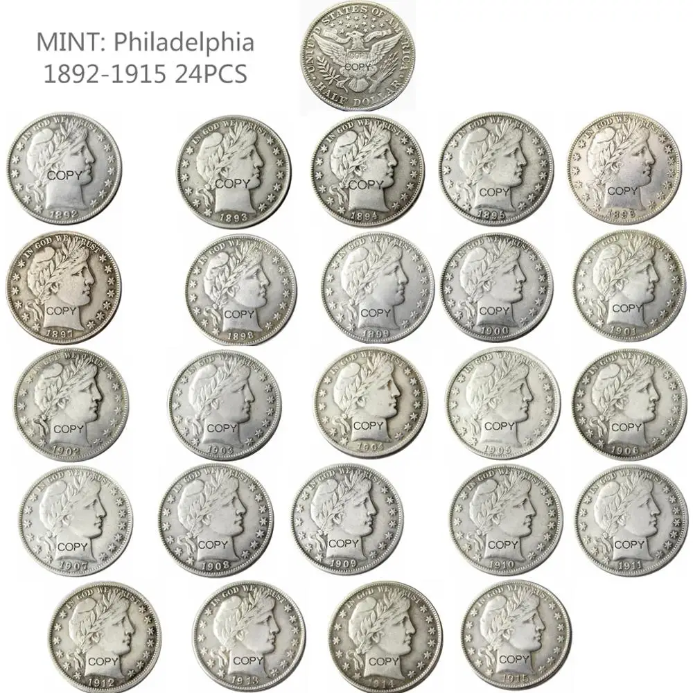 

США Полный комплект 1892-1915-55, 55 шт Парикмахерская половина доллара Посеребренная копия декоративная монета