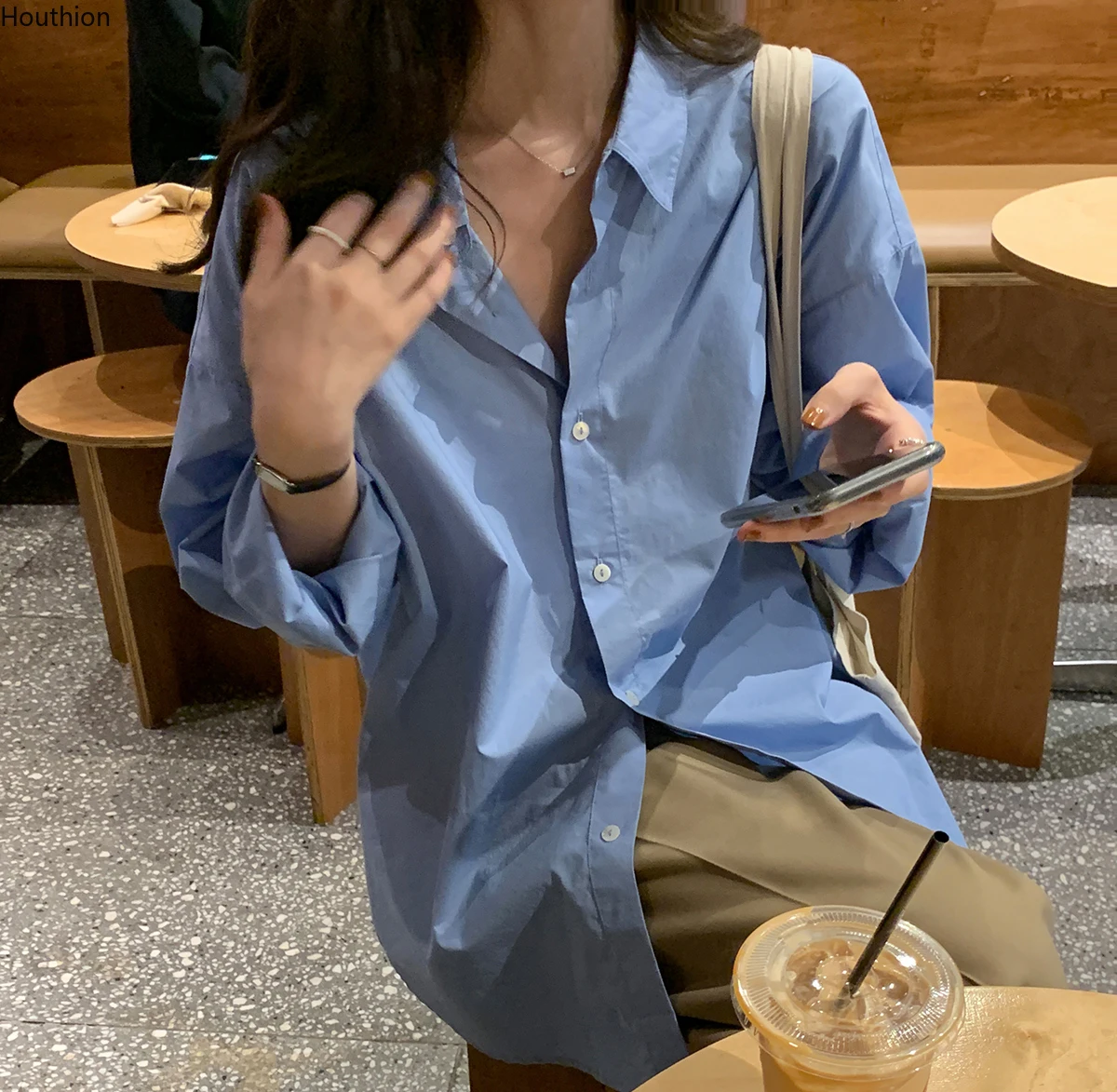 

Chiffon Women's Blouse Fashion Casual Breasted Shirt New Korean Long Sleeve Loose Solid Top Houthion