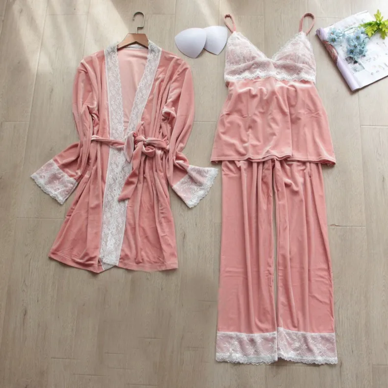 

Women Solid Color Velvet 3PCS Sleepwear Set Autumn Pajama Suit Sexy lace Trim Nightwear Bride Wedding Robe Intimate Lingerie