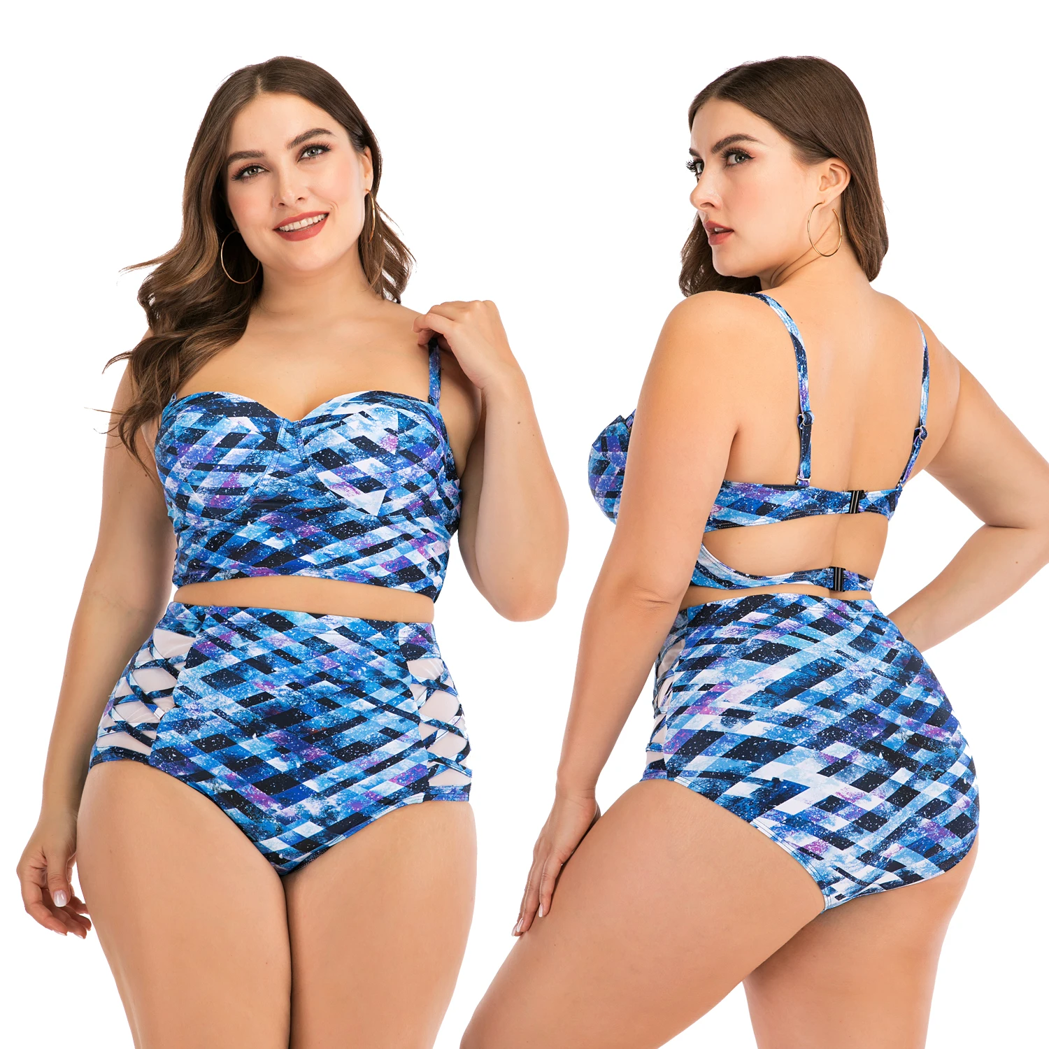 Женский купальник большого размера 2020 L 4XL из двух частей синий купальный костюм