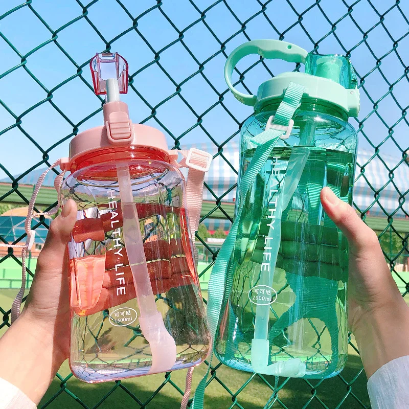 

2000ML Large Capacity Water Bottle Portable Bottles with Straw Camping Cycling Travel Plastic Juice Drinkware