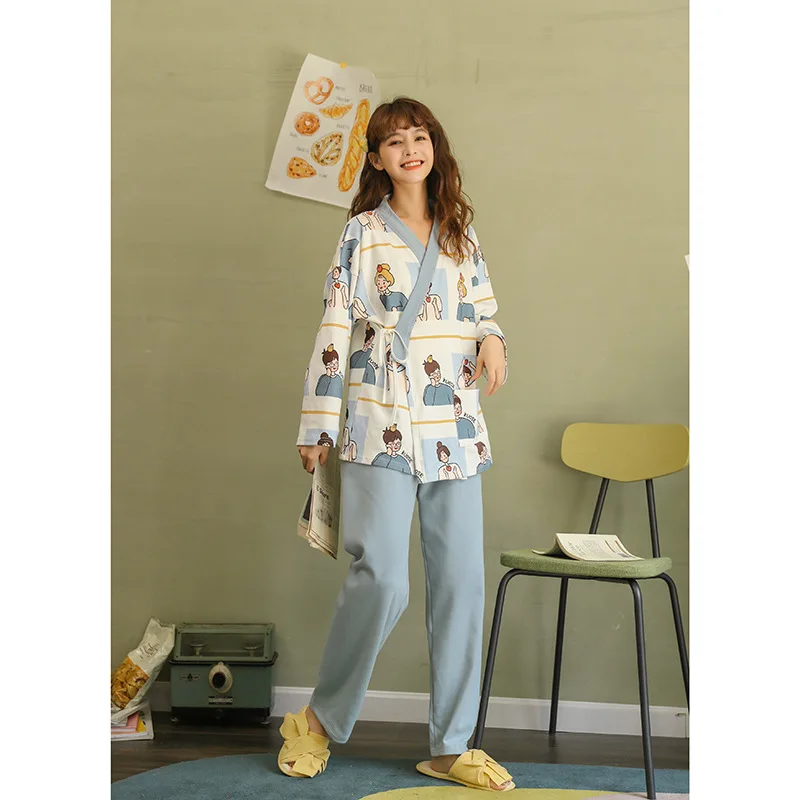 

Pure Cotton Pajamas Women Long Sleeve Trousers Japanese Kimono Home Service Suit Cardigan Cute Cartoon Spring Homewear Clothing