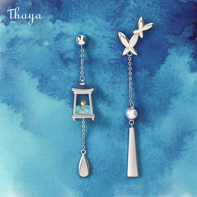 Женские серьги-гвоздики Thaya с зеленым кристаллом золотым фонариком необычные