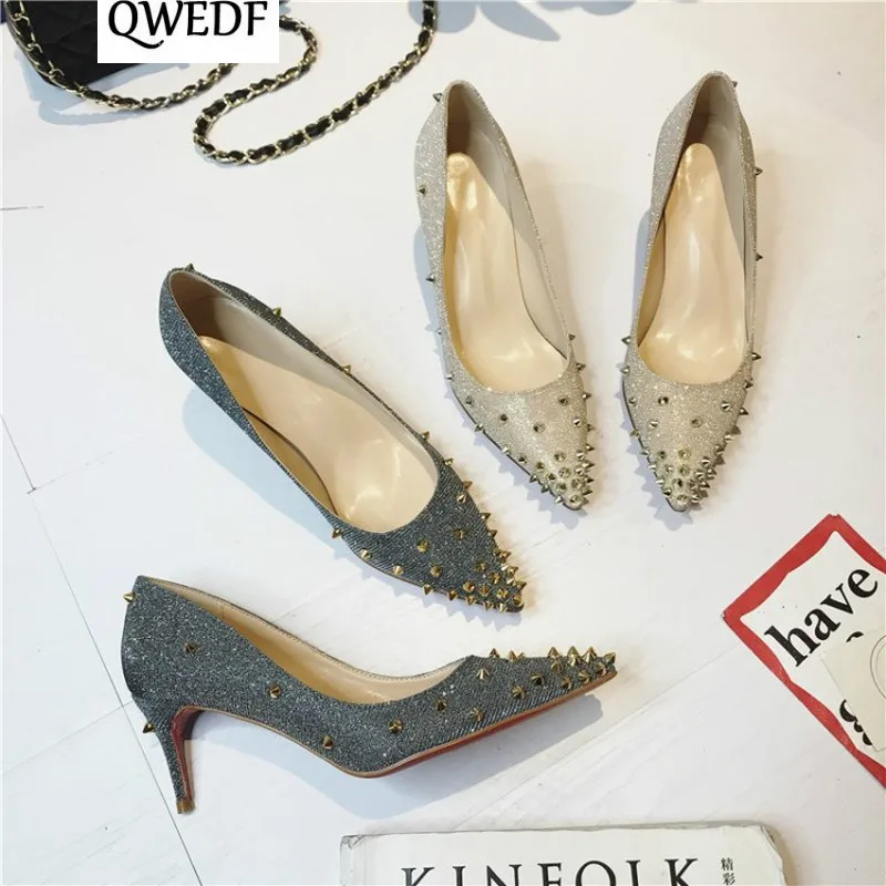 Ботинки с металлическими заклепками Туфли лодочки на высоком каблуке Модельные