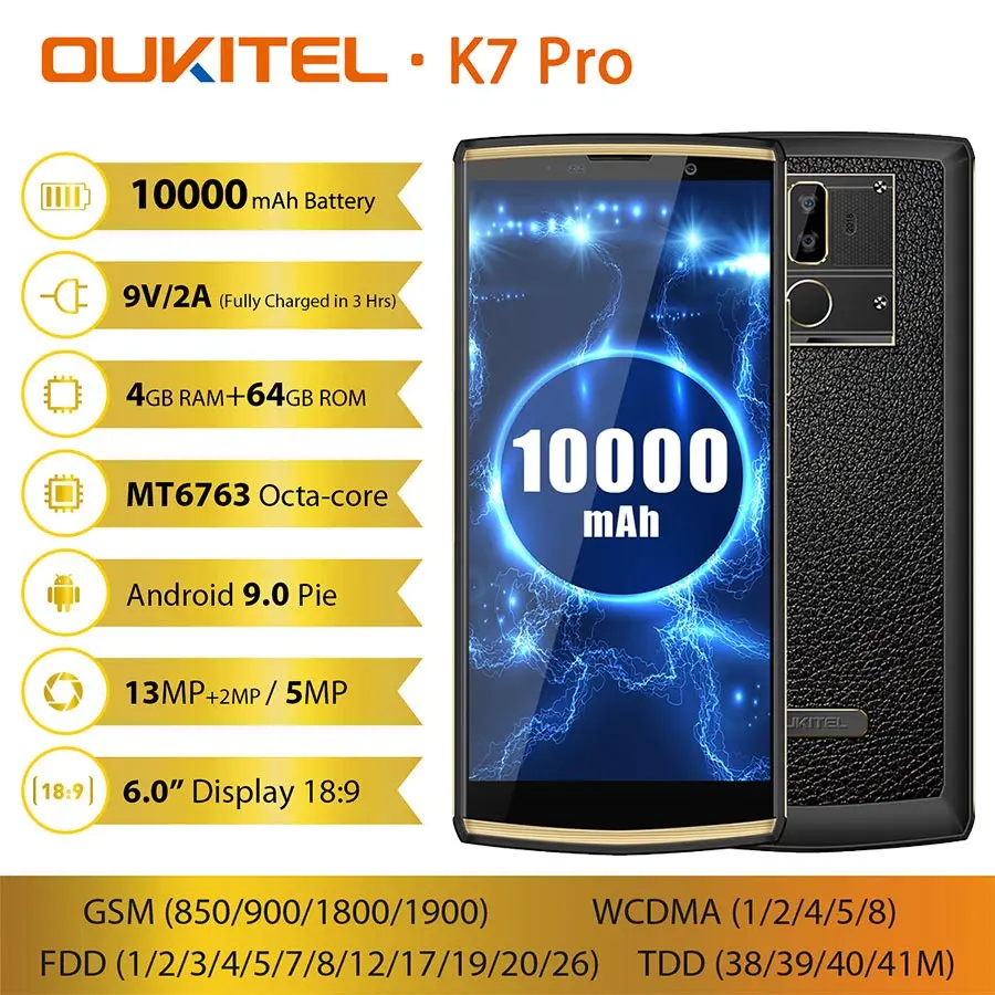 Смартфон OUKITEL K7 Pro Android 9 0 MT6763 восемь ядер 4 Гб ОЗУ 64 ПЗУ 6 дюйма FHD + 18:9 10000 мАч сканер