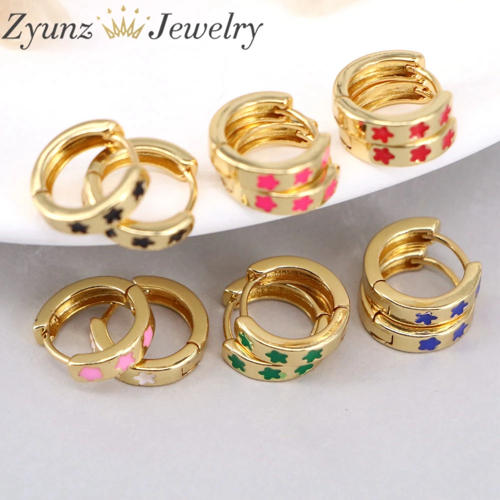 

5 Pairs, Gold Color Enamel Star Earrings, Enamel Earrings, Enamel Charm, Multi-Color Optional, Star Charm Hoops,