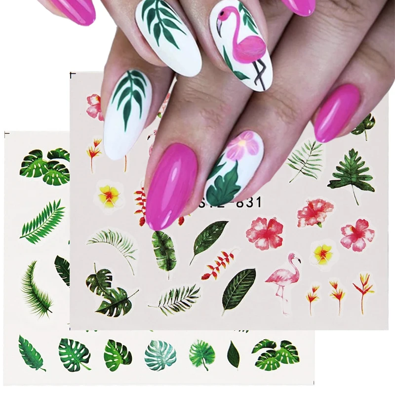 

3D Nail Art Stickers Summer Colorful Green Leafs Bird Cactus Flowers Transfer Nail Sticker DIY Nails Decals Nail Art Decoration