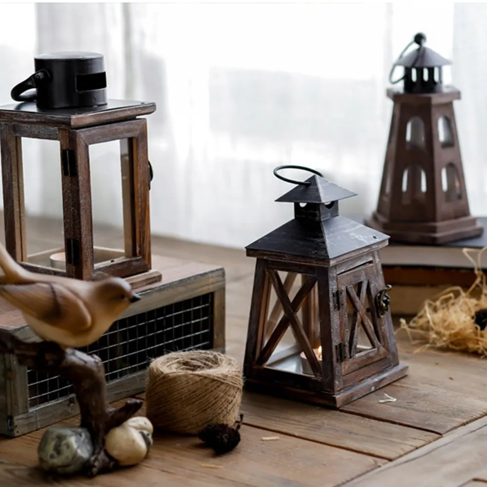 Gray Wind Light Candle Holders Wrought Iron Candlestick Wooden Wind Light Castle Lighthouse Decor Vintage Old Charcoal Color
