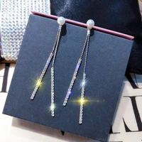 ustar cubic crystals pearl long tassel drop earrings for women geometric rhinestone dangle earrings female wedding jewelry