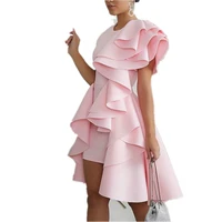 2021 summer new womens fashion pink lotus leaf round collar irregular high waist dress large size slim sexy sleeveless dress