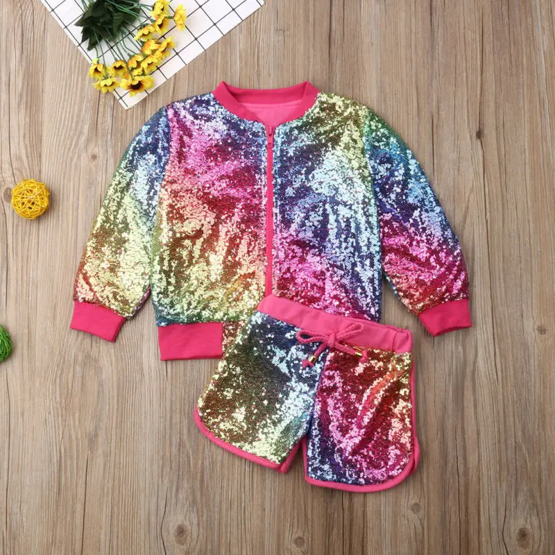 

1-6T Kids Sequins Clothes Set Toddler Kid Baby Girls Jacket Coat Top+Shorts Outfits Clothing Set Xmas