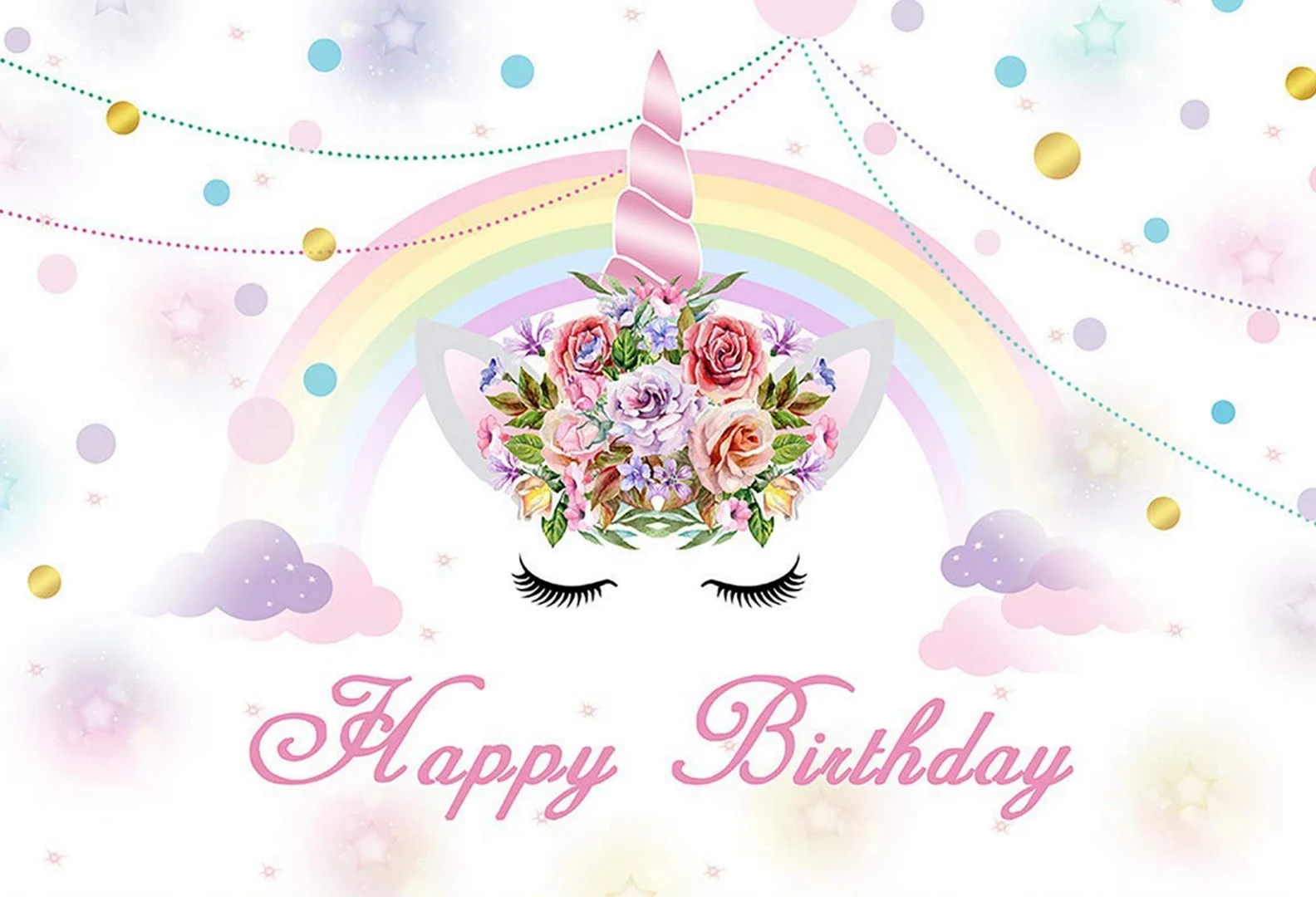 

Floral Unicorn Birthday Backdrop Girl Princess Rianbow Glittering Dots Decors Party Banner Fairy Tale Pastel Background Poster