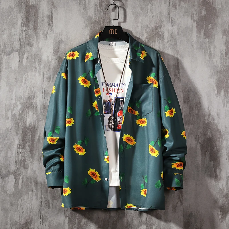 Мужские рубашки с принтом подсолнухов разноцветные свободные на пуговицах