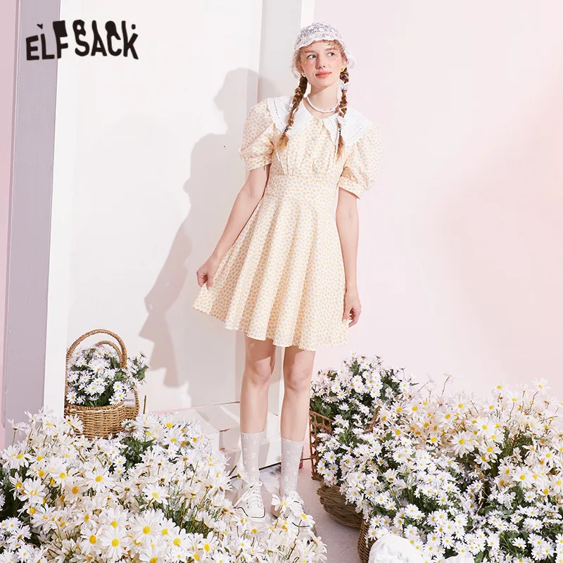 

ELFSACK Solid Pure Contrast Lace Casual Vintage Dresses Women,2021 Spring ELF Puff Sleeve High Waist Ladies Holiday Party Dress