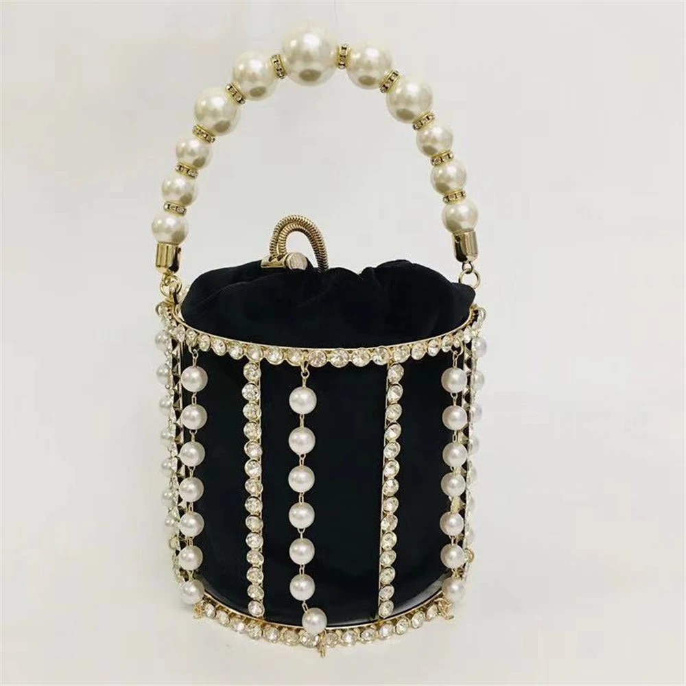 

Stylish Rhinestone Evening Bag Women Luxury Handmade Diamond Beaded Bucket Clutch Purse Bridal Wedding Party Prom Pearl Handbag