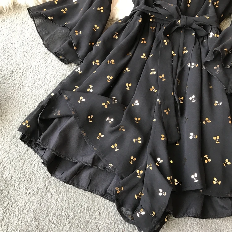 

Beach Rompers Women Slim With Belt Shorts Playsuits Fashion Cherry Print Bodysuits Woman Sexy V-neck Chiffon Overalls Femme