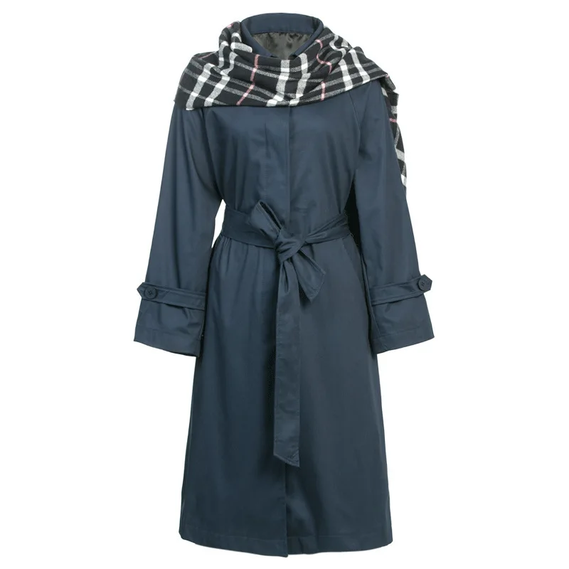 

Unua amo 2021 Pleated Windbreaker Female Fashion Vintage Plaid Scarf Patchwork Single-breasted Long Trench Coat For Women