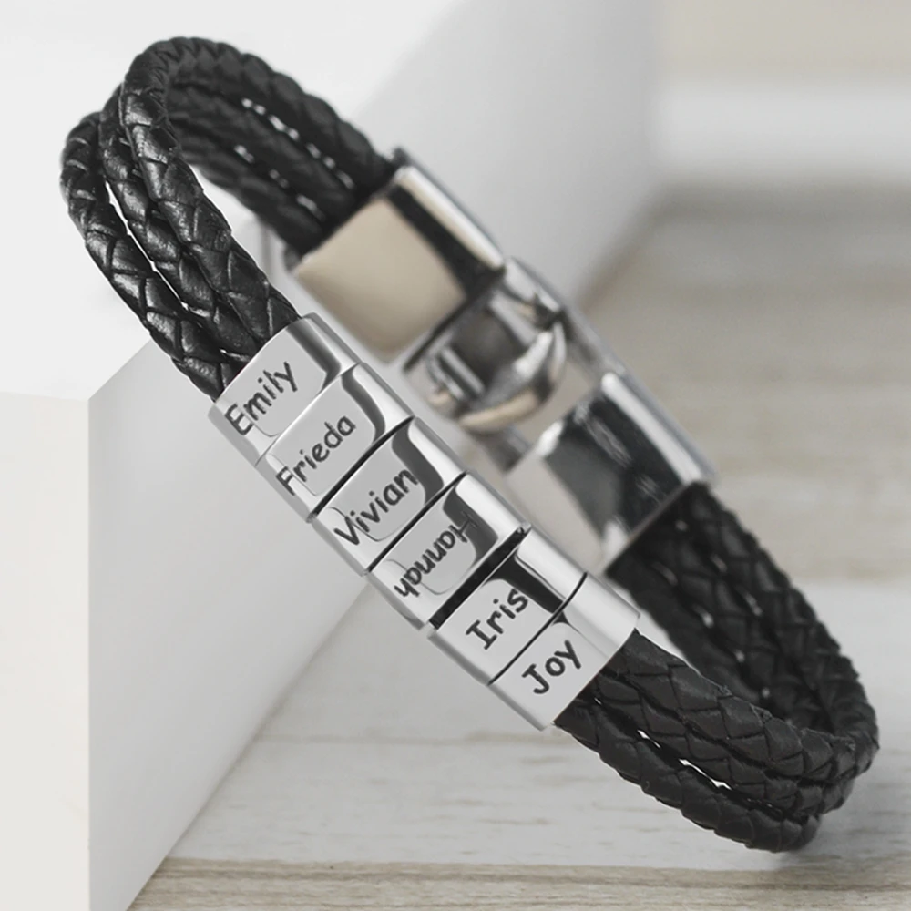 

Hand-Woven Multi-layer Pulseras Para Hombre Stainless Steel Braided Leather Bracelet Name Engraved Jewelry for Mens Jewelry