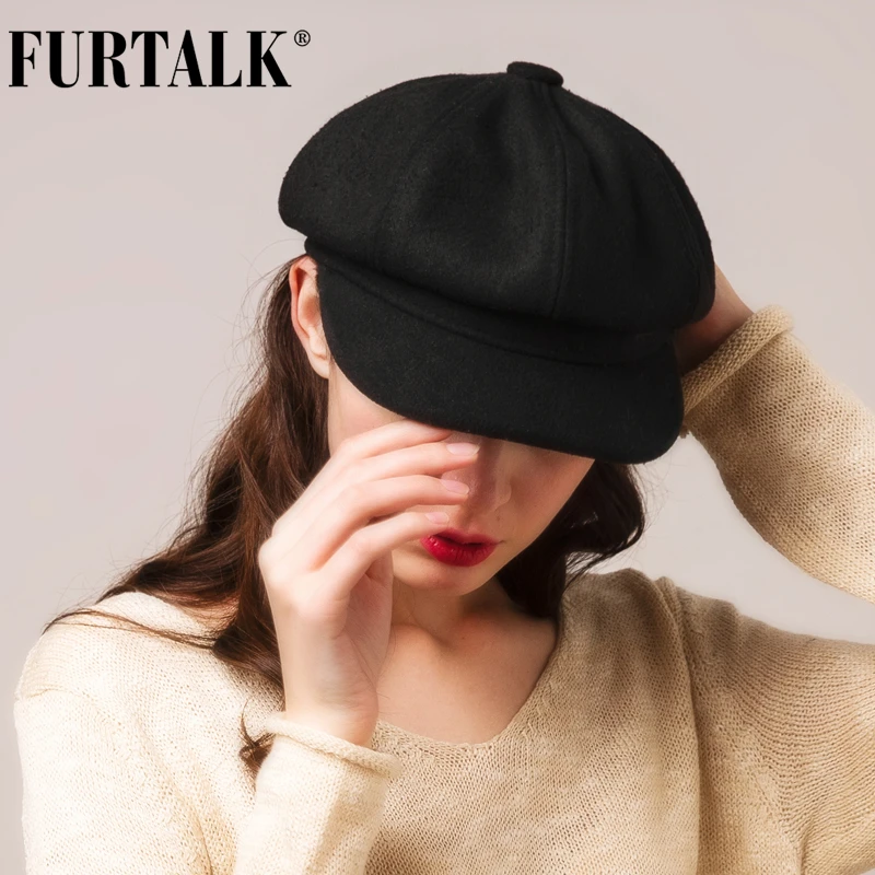 FURTALK, шерсть, шапка, зимняя, для женщин, восьмиугольная, шапка для женщин, газетчик, шапка s для девочек, шерсть, Черный берет, шапка для женщин, корейские зимние шапки